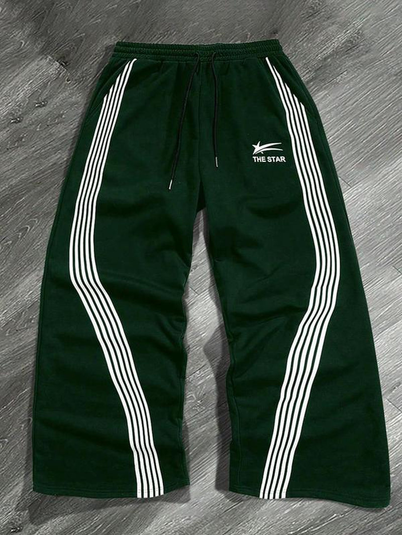 Men'S Letter & Striped Print Drawstring Waist Sweatpants, Casual Comfy Regular Fit Trousers for Fall & Winter, Pants for Men, Men'S Fall Soft Fabric Functional Pockets Bottoms for Daily Wear, Work Pants Men, Workout Clothes, Sports Pants