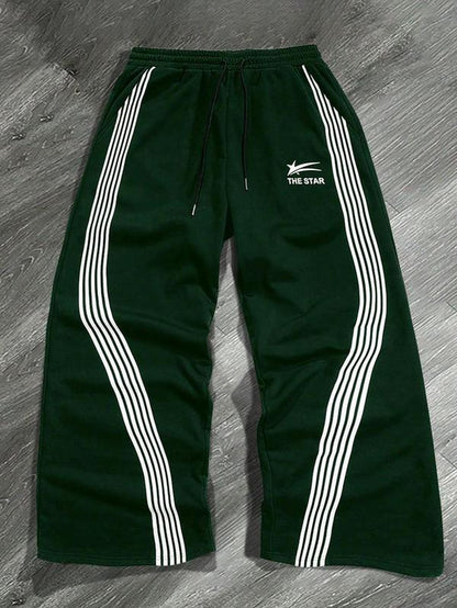 Men'S Letter & Striped Print Drawstring Waist Sweatpants, Casual Comfy Regular Fit Trousers for Fall & Winter, Pants for Men, Men'S Fall Soft Fabric Functional Pockets Bottoms for Daily Wear, Work Pants Men, Workout Clothes, Sports Pants