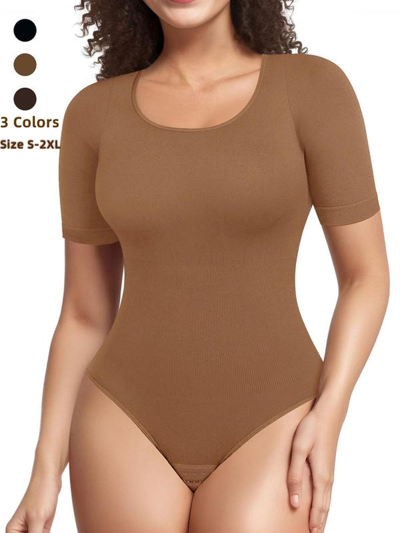 Women'S Solid U Neck Short Sleeve Hook and Eye Shapewear Bodysuit, Seamless Tummy Control Shaper, Lady'S Comfort Basic Minimalist Womenswear for Daily Wear, Womenswear for All Seasons