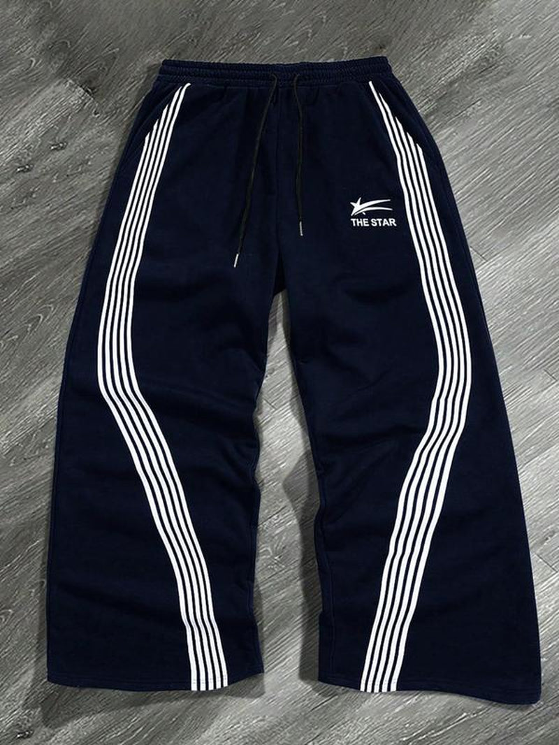 Men'S Letter & Striped Print Drawstring Waist Sweatpants, Casual Comfy Regular Fit Trousers for Fall & Winter, Pants for Men, Men'S Fall Soft Fabric Functional Pockets Bottoms for Daily Wear, Work Pants Men, Workout Clothes, Sports Pants
