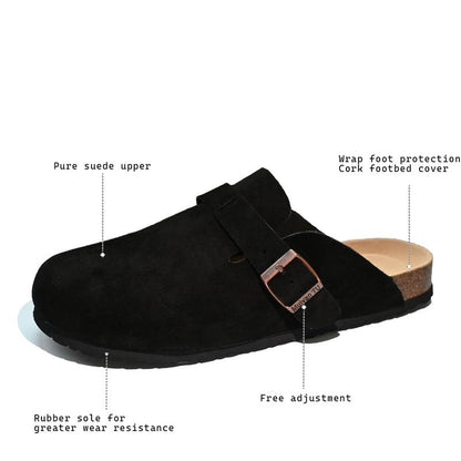 Women Men round Toe Cork Footbed Clogs Fashion Suede Shoes Slide Outdoor Slippers with Strap Adjustable Flat Buckle Clogs Retro Fashion Walking Shoes Slippers