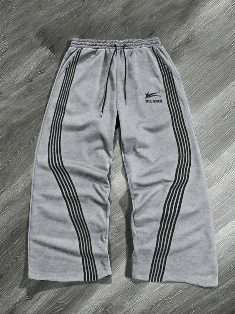 Men'S Letter & Striped Print Drawstring Waist Sweatpants, Casual Comfy Regular Fit Trousers for Fall & Winter, Pants for Men, Men'S Fall Soft Fabric Functional Pockets Bottoms for Daily Wear, Work Pants Men, Workout Clothes, Sports Pants