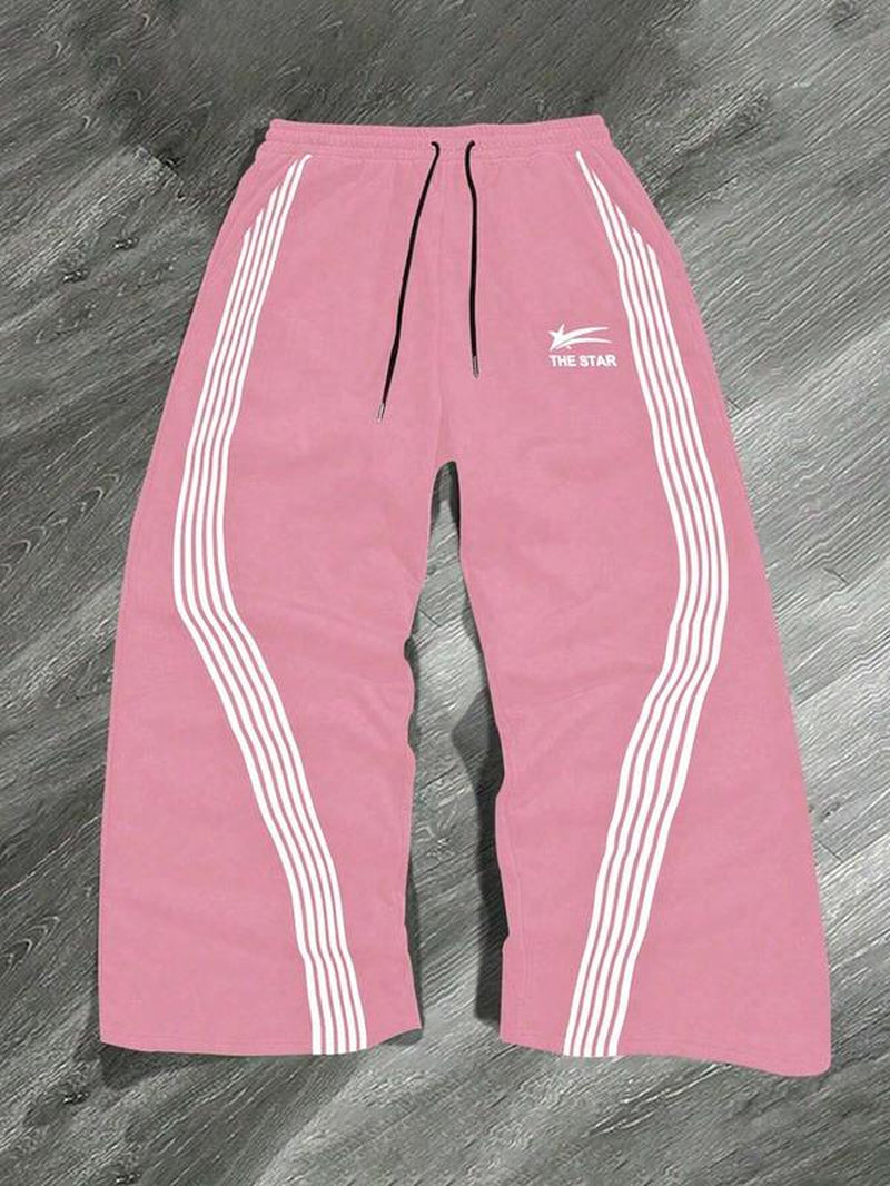 Men'S Letter & Striped Print Drawstring Waist Sweatpants, Casual Comfy Regular Fit Trousers for Fall & Winter, Pants for Men, Men'S Fall Soft Fabric Functional Pockets Bottoms for Daily Wear, Work Pants Men, Workout Clothes, Sports Pants