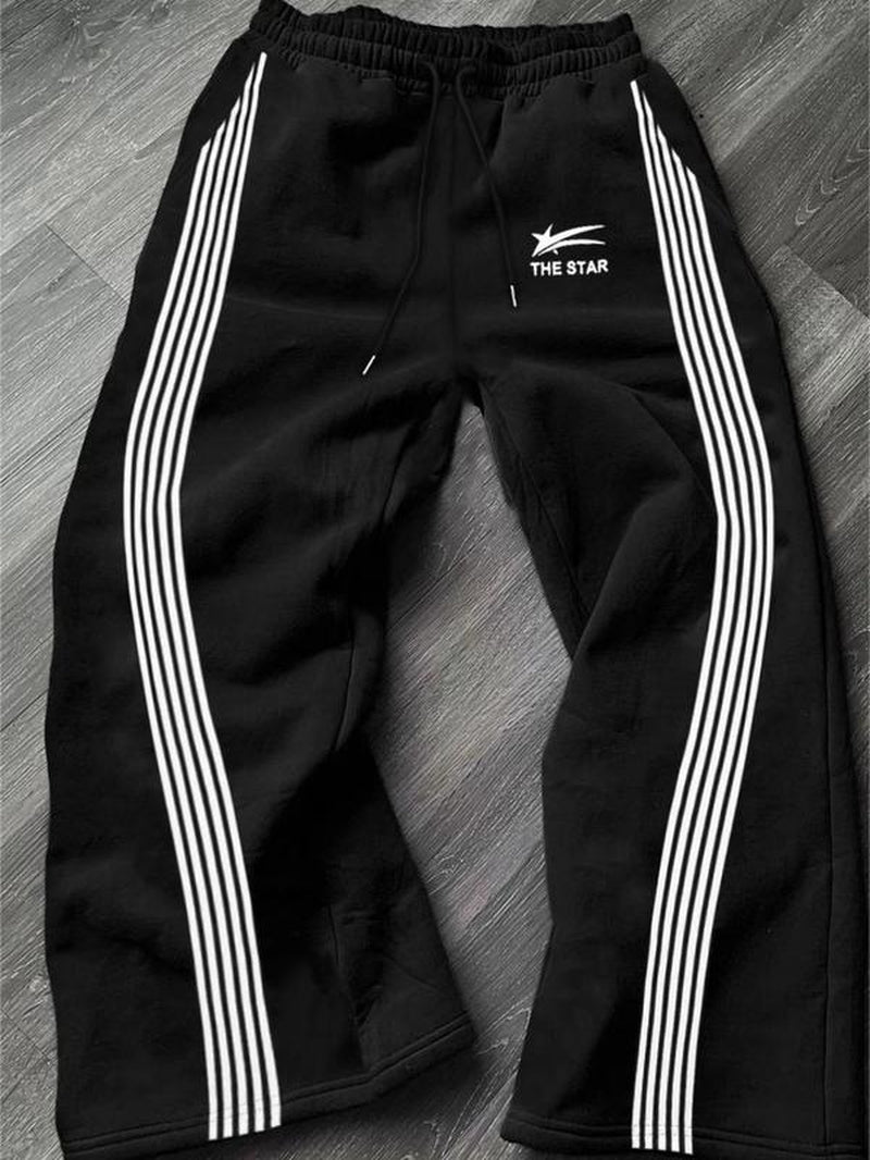 Men'S Letter & Striped Print Drawstring Waist Sweatpants, Casual Comfy Regular Fit Trousers for Fall & Winter, Pants for Men, Men'S Fall Soft Fabric Functional Pockets Bottoms for Daily Wear, Work Pants Men, Workout Clothes, Sports Pants